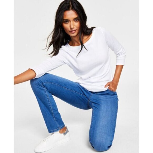 Charter Club Petite Large White Pima Cotton Button-Shoulder 3/4 Sleeve Top NWT - Picture 4 of 6